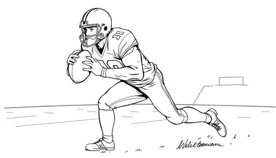 Dessin d'un joueur de football américain en mouvement tenant un ballon, sur un terrain simple.