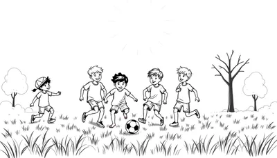 Une illustration en noir et blanc d'enfants jouant au football dans un parc.