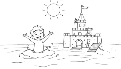 Un enfant joyeux jouant dans l'eau près d'un château de sable sous un soleil radieux, avec des éléments pour colorier.