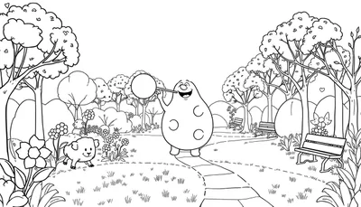Un personnage rond fait des bulles dans un parc, avec un petit animal et des arbres en arrière-plan.