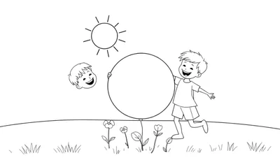 Deux garçons jouent au ballon dans un parc ensoleillé, avec un soleil souriant dans le ciel et des fleurs sur l'herbe. Style dessin au trait.