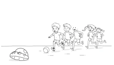 Un groupe d'enfants joyeux courant vers un panier de pique-nique et un ballon de foot.