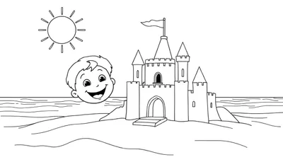 Dessin au trait d'un garçon souriant sur la plage avec un château de sable et un soleil. Panneau de coloriage.