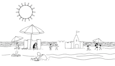 Une scène de plage en noir et blanc avec des enfants jouant, des parasols et des châteaux de sable.