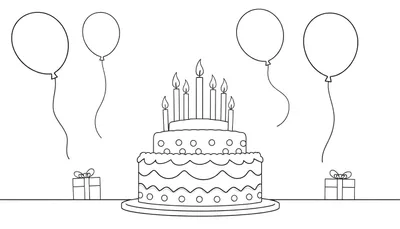 Un dessin au trait d'un gâteau d'anniversaire à trois étages avec des bougies, des cadeaux et des ballons colorés, sur un fond blanc, un color panel.