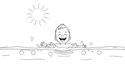 Un dessin au trait d'un bébé souriant dans l'eau avec un soleil en haut à gauche, parfait pour un color panel.