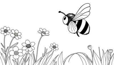 Dessin au trait d'une abeille volant vers des fleurs avec un arrière-plan blanc, style color panel.