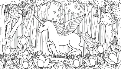 Un alicorne dans une forêt enchantée, prêt pour un coloriage.