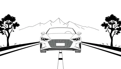 Une Audi sportive rouge vue de côté, sur une route noire, avec des arbres stylisés et des montagnes en arrière-plan, le tout dans un style d'illustration graphique en noir et blanc, rappelant un color panel.