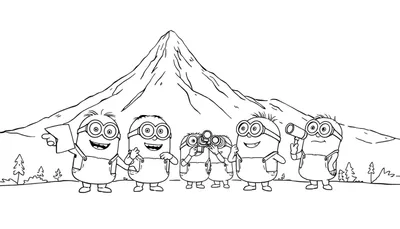 Un groupe de Minions explorent une montagne avec des jumelles et un télescope, prêts pour une aventure colorée sur leur color panel.