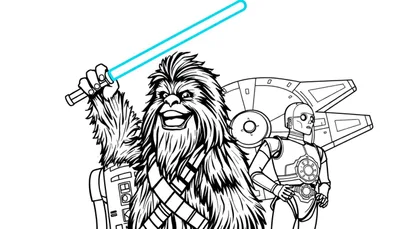 Chewbacca brandissant un sabre laser bleu devant le Faucon Millenium, avec R2-D2 et C-3PO.