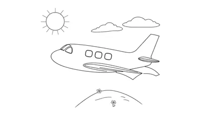 Dessin au trait d'un avion dans le ciel avec un soleil, des nuages et une colline fleurie.