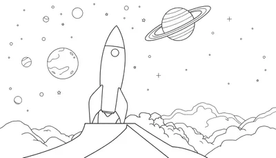 Dessin au trait d'une fusée sur une montagne, avec des planètes et des étoiles dans le ciel.