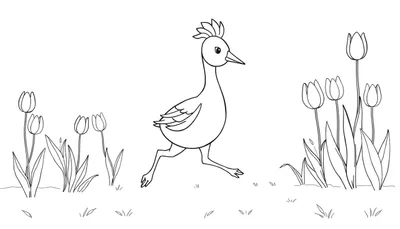 Oiseau courant dans un jardin de tulipes, prêt pour le color panel.