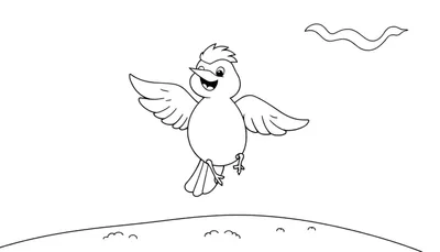 Un oiseau au trait souriant en plein vol, avec des ailes déployées, des pattes pendantes, et une ligne ondulée au-dessus.