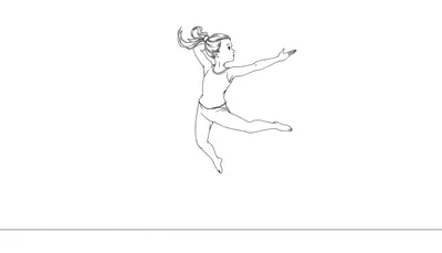Dessin au trait d'une jeune fille en mouvement, sautant ou dansant, avec ses cheveux en queue de cheval.