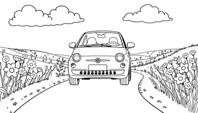 Voiture Fiat 500 style dessin animé sur une route de campagne avec des fleurs et des collines en arrière-plan, conçue pour un panneau de coloriage.