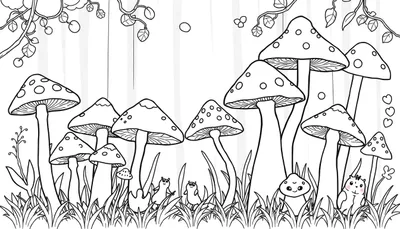 Page à colorier d'une forêt avec des champignons et de petites créatures.