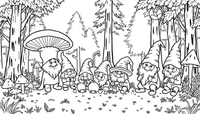 Dessin au trait d'une forêt enchantée avec des gnomes et des champignons pour un color panel.