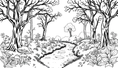 Dessin au trait d'un paysage forestier avec un ruisseau et des champignons.