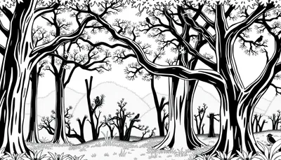 Dessin noir et blanc d'une forêt d'hiver avec des oiseaux sur les branches.