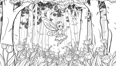 Une fée enfantine souriante flotte au milieu d'un champ de tulipes, entourée de papillons et d'oiseaux, avec une forêt dense en arrière-plan. Idéal pour un panneau de coloriage.