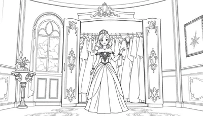 Une princesse choisit sa robe dans une armoire, avec des lignes de coloriage claires.