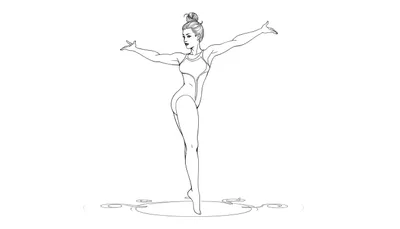 Dessin au trait d'une gymnaste souple en maillot de bain à une pièce, debout sur une jambe, bras étendus, cheveux en chignon, sur un cercle décoratif.