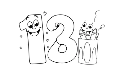 Chiffres 13 souriants avec un pot de crayons coloré, symboles plus et cœurs.