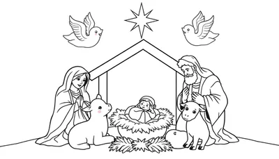 Illustration Nativité avec color panel, bébé, Marie, Joseph, animaux, étoile, colombes.
