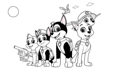 Dessin au trait en noir et blanc de cinq chiens de la Pat' Patrouille en formation, avec un grand cercle ressemblant à la lune et des nuages.