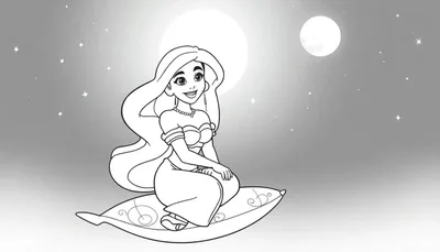 Princesse Disney aux cheveux longs volant sur un tapis magique sous deux lunes et des étoiles, avec un panneau coloré.