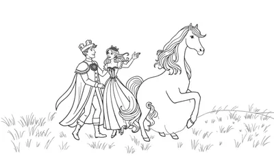 Plaque en noir et blanc d'un prince et d'une princesse tenant la main d'une licorne cabrée dans un champ d'herbe.