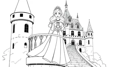 Illustration en noir et blanc d'une princesse sur un balcon, avec un château en arrière-plan. Le dessin est destiné à un color panel.