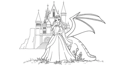 Une princesse se tient devant un dragon, avec un château en arrière-plan, un panneau de coloriage.