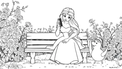 Une princesse dans un jardin coloriant une couleur avec son ami animal.
