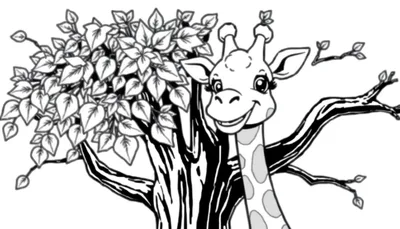 Une girafe souriante se cache derrière un arbre fleuri, un color panel de feuilles vertes et marron.