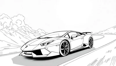 Dessin au trait d'une Lamborghini sur une route de montagne.