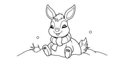 Dessin au trait d'un lapin joyeux dans la neige, prêt pour un color panel d'hiver.