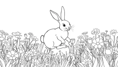 Un lapin au trait de dessin dans un champ de fleurs, prêt à être colorié sur un color panel.