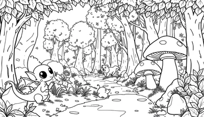 Dessin au trait d'une forêt fantaisiste avec un bébé dragon, un rongeur, un ours et des champignons.