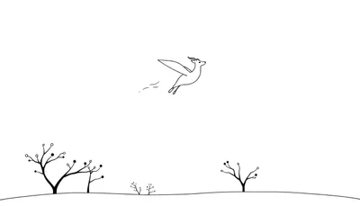 Un cerf aux ailes stylisé vole au-dessus d'un paysage vallonné minimaliste.