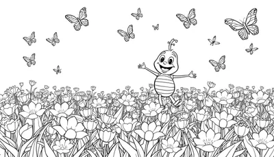 Personnage de dessin animé abeille joyeux dans un champ de fleurs avec des papillons, color panel