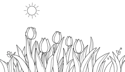 Dessin au trait d'un champ de tulipes sous le soleil avec un soleil stylisé.
