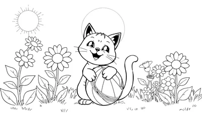 Un chaton mignon tenant un ballon rayé dans un jardin fleuri, avec un soleil au-dessus. Ce dessin est idéal pour un color panel.