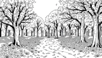 Un chemin sinueux traverse une forêt d'arbres détaillés avec une canopée dense.