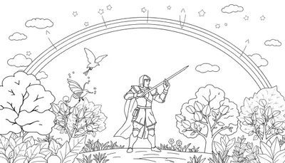 Un chevalier en armure avec une épée pointe vers le ciel sous un arc-en-ciel, entouré d'une forêt colorée.