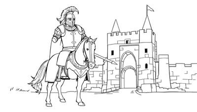 Chevalier en armure sur un cheval avec une lance devant un château, style dessin au trait noir et blanc.