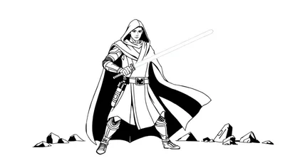 Chevalier Jedi avec sabre laser allumé, dans un dessin au trait en noir et blanc.