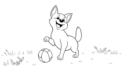 Chiot jouant avec un ballon dans l'herbe, dessin au trait noir et blanc.